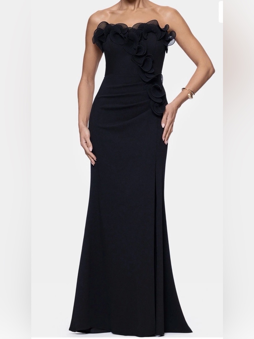 New Xscape Ruffle Detail Strapless Scuba Crepe Sheath Gown In Black Size 2 $258